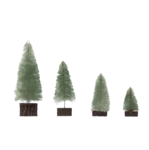 4"H - 10"H Fabric Trees with Wood Slice Bases, Sage Color