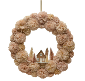 18" Round Pom Pom Wreath w/ Sisal Bottle Brush Trees & Paper House, Pink