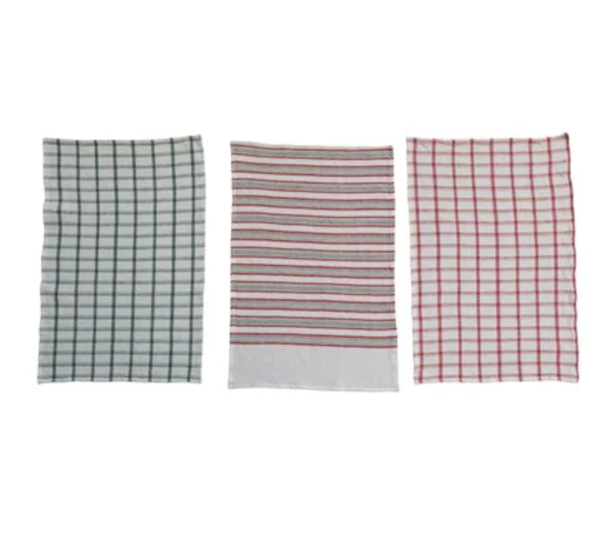 28"L x 18"W Cotton Waffle Weave Tea Towel w/ Stripes/Grid Pattern, 3 Styles