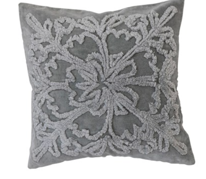 18" Square Cotton Tufted Velvet Pillow w/ Snowflake & Chambray Back, Grey & Natural