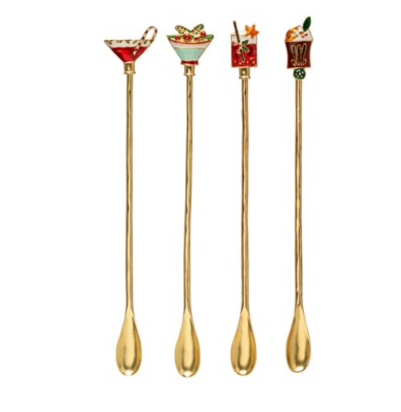 9"L Zinc Alloy Cocktail Spoon w/ Enameled Beverage Icon Handle, Multi Color, 4 Styles