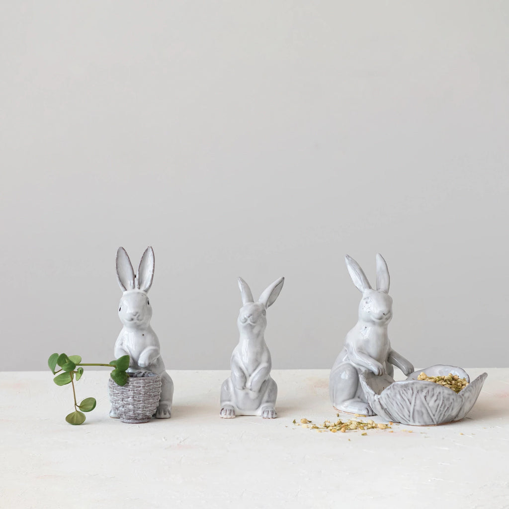 Stoneware Rabbit w/ Embossed Planter, Reactive Glaze, White (Each One Will Vary)