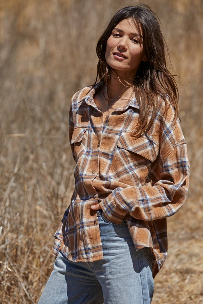 Woven Long Sleeve Plaid Flannel Oversized Shirts