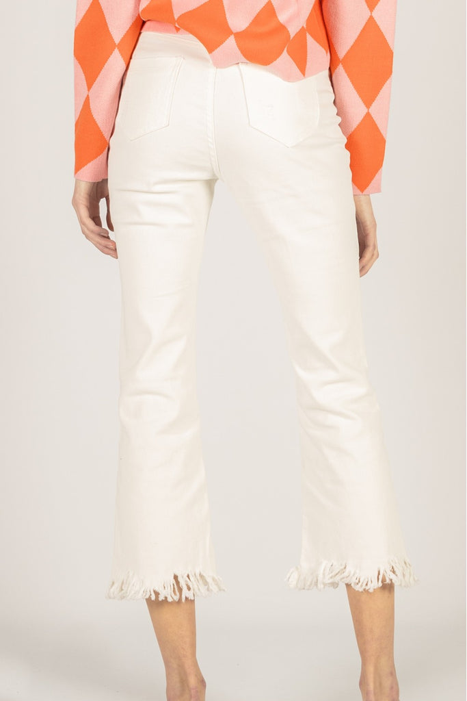 White Stretch Fringe Bottom Jeans
