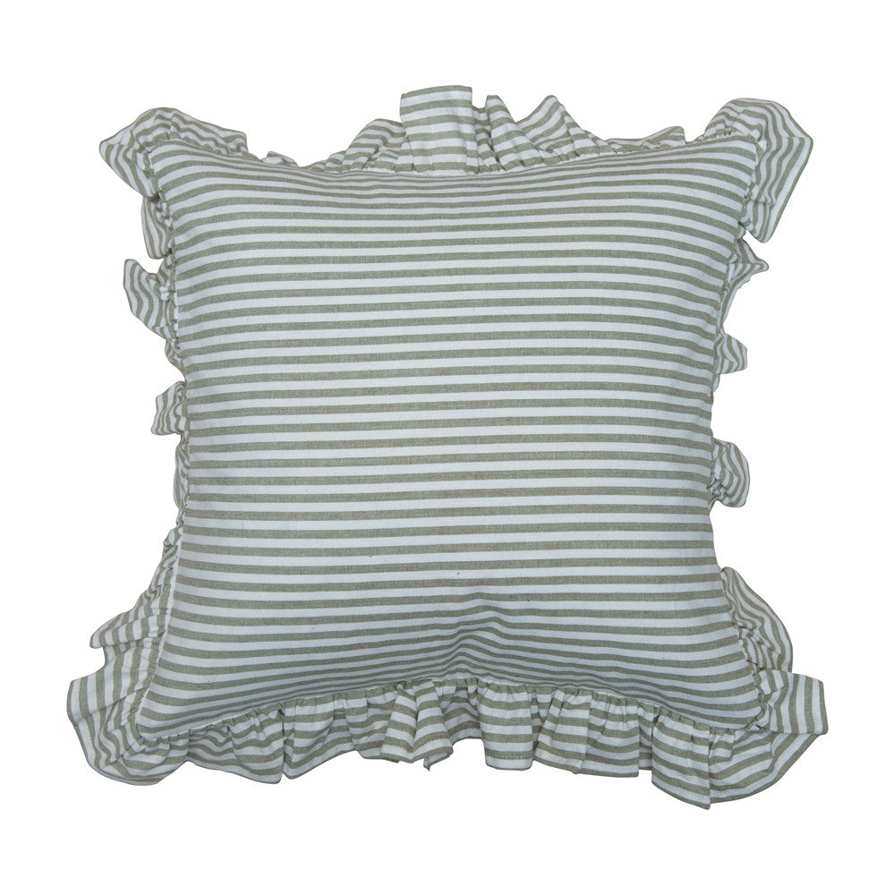 20" Square Woven Cotton Pillow with Stripes & Ruffled Edge, Sage Color & White
