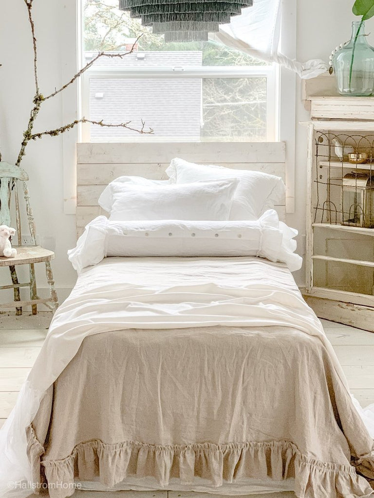 White Linen Ruffle Bolster Pillow Cover
