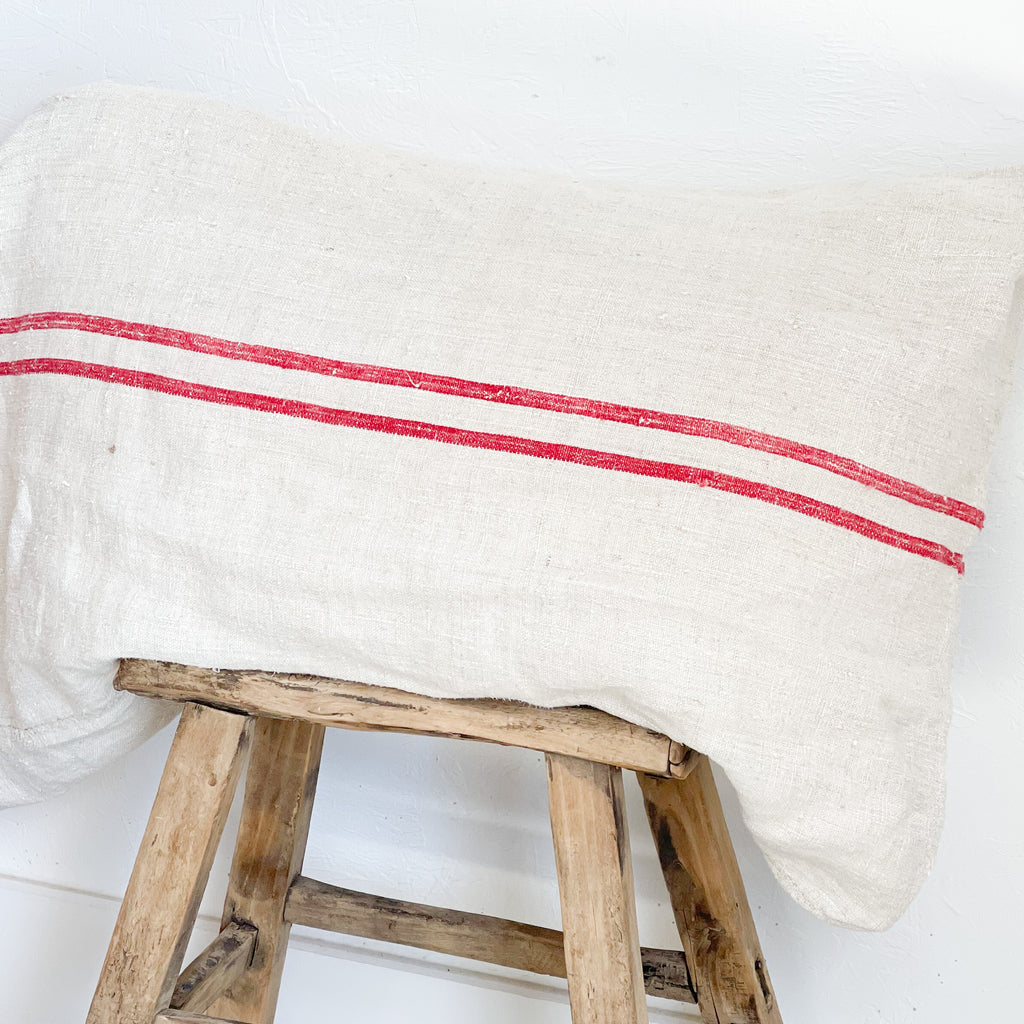 French Antique Grain Sack Pillow Cover Red Stripe