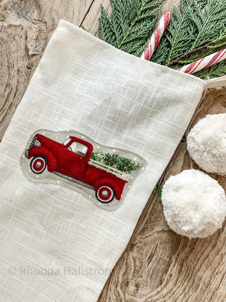 White Linen Christmas Stocking with Red Truck