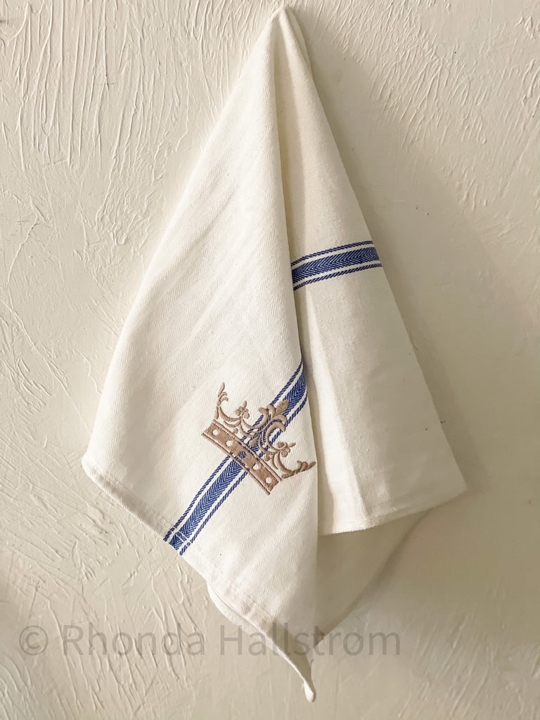 french crown tea towel blue stripe 