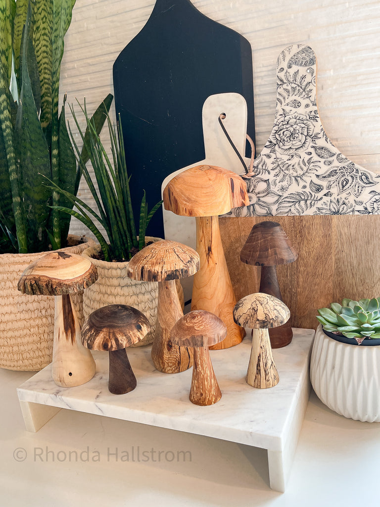 Hand carved wood mushrooms