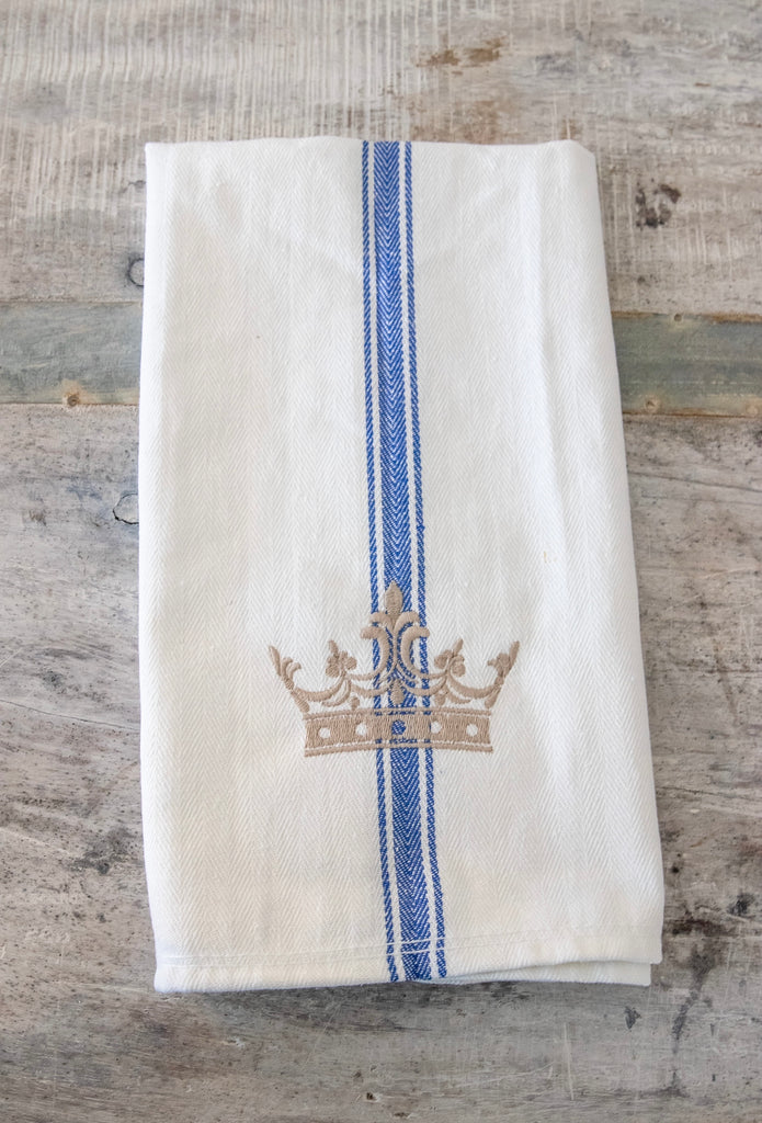 french crown tea towel blue stripe