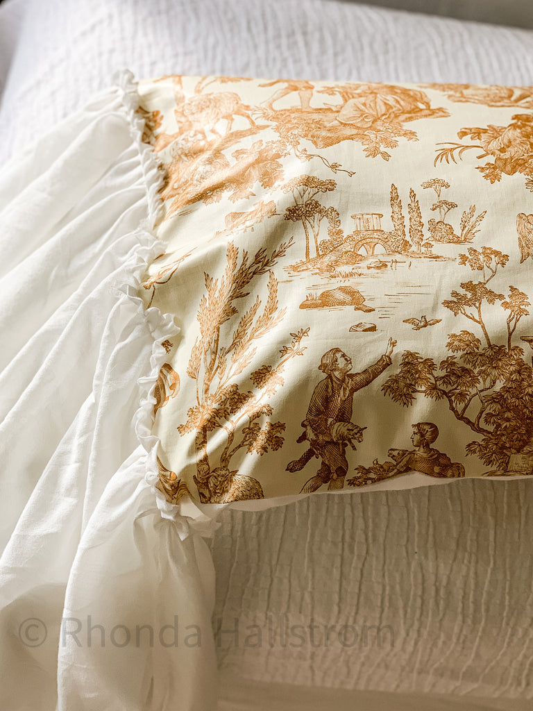 french toile pillow sham with ruffle 