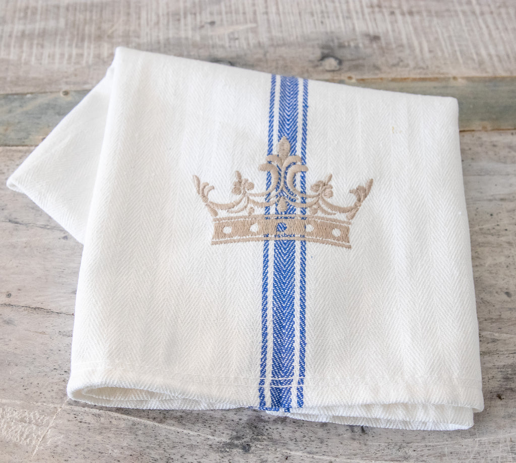 french crown tea towel blue stripe