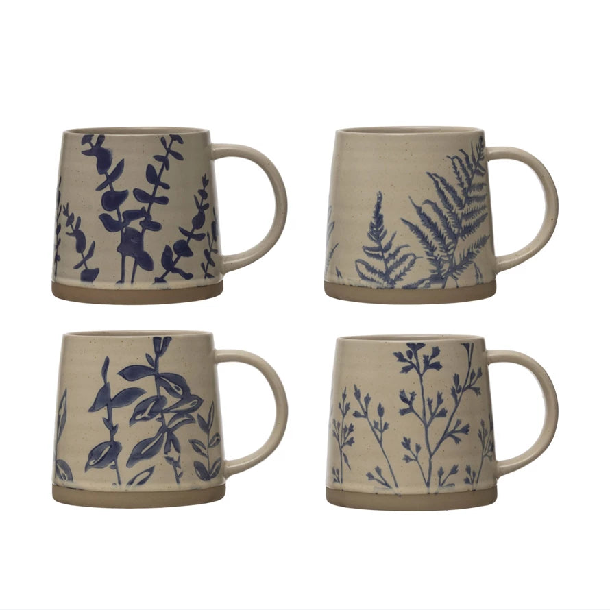 Hand-Stamped Stoneware Mug w/ Botanicals, 4 Styles
