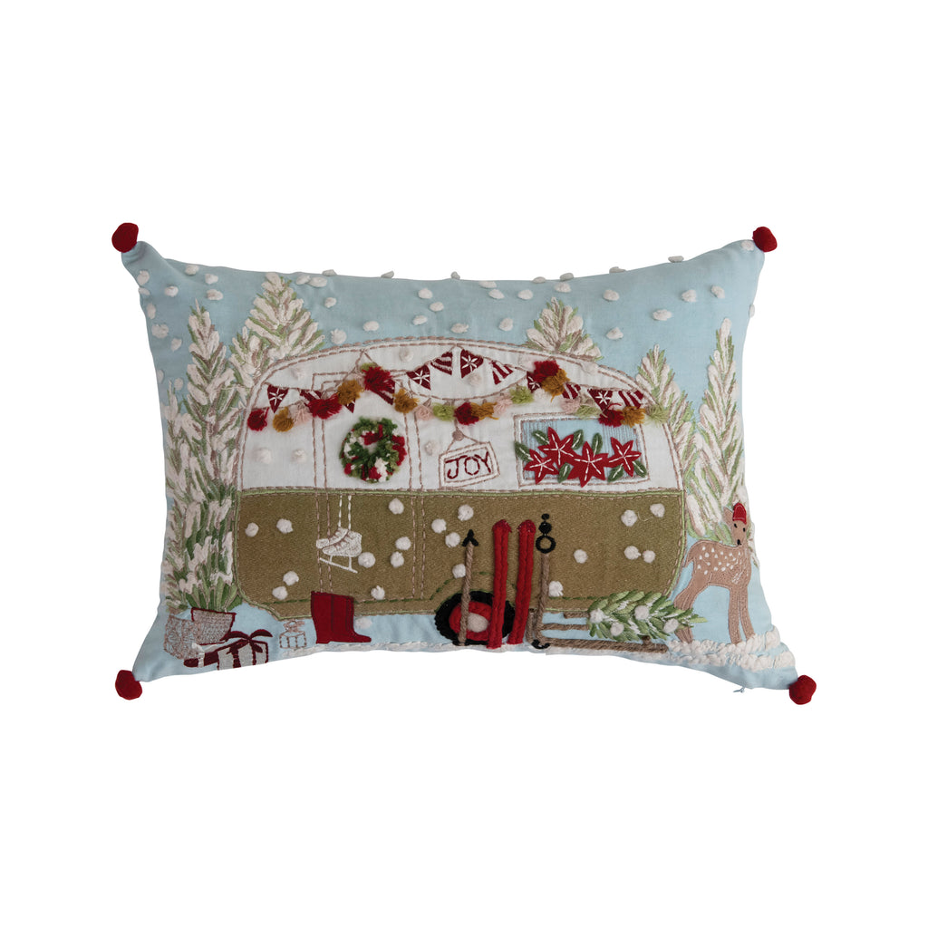 Christmas Pillow with Camper, Embroidery, Applique and Pom Poms