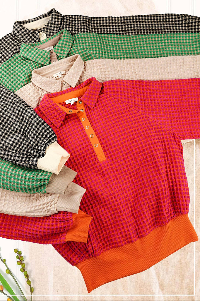 Unique Two Tone Textured Snap Button Front Top