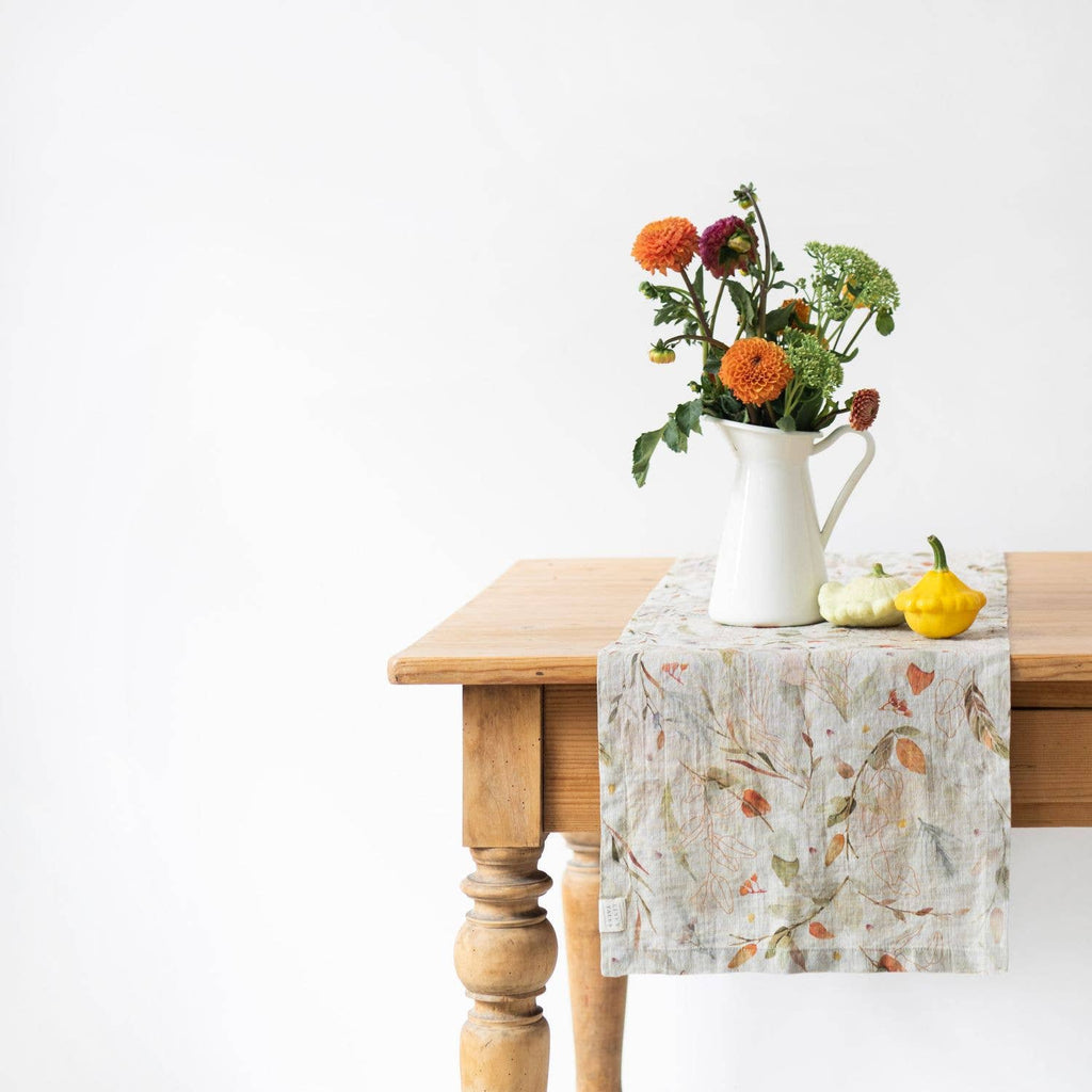 Leaves on Natural Linen Table Runner