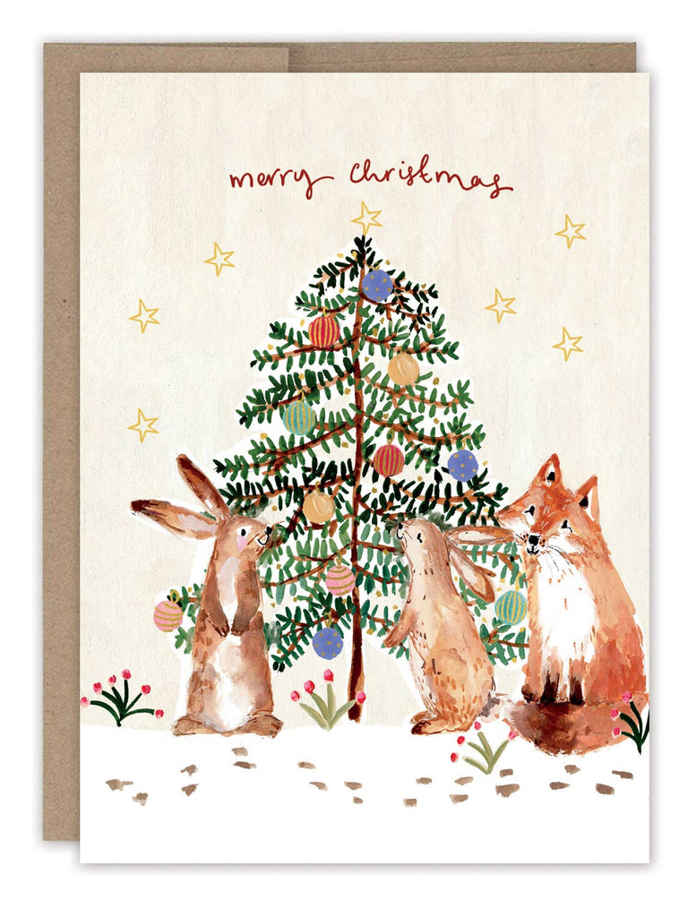 Bunnies & Fox Christmas Tree Boxed Holiday Cards - Set of 10