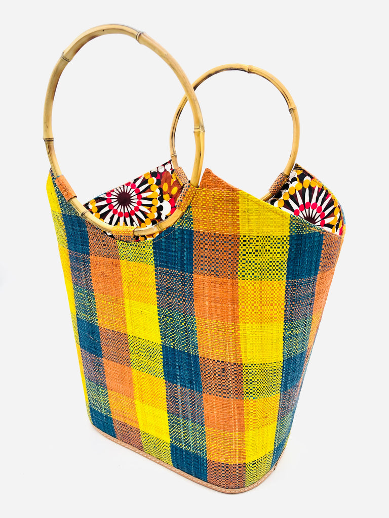 Carmen Gingham Straw Bucket Bag with Bamboo Handles
