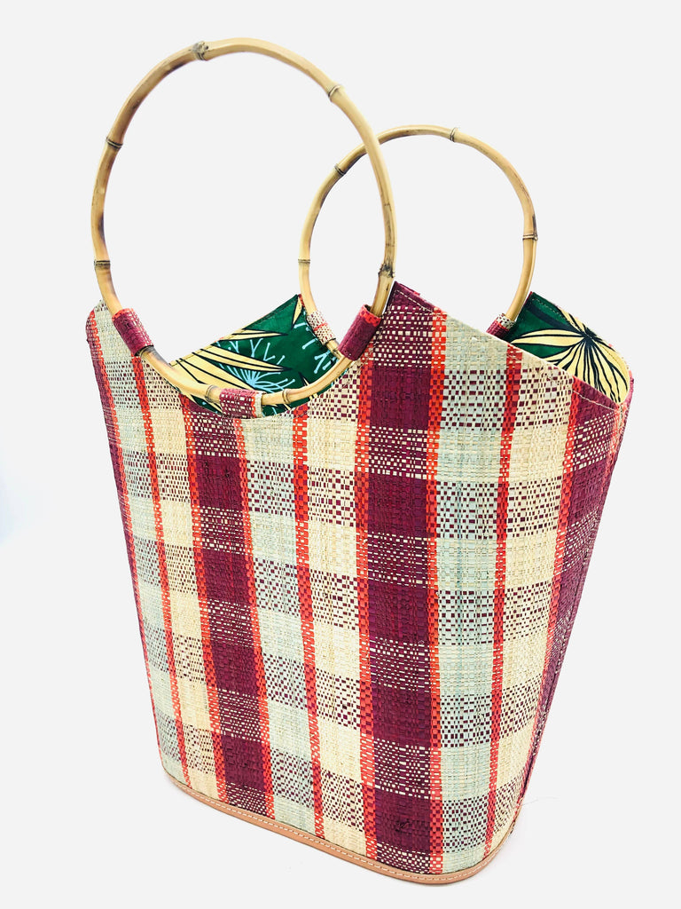 Carmen Gingham Straw Bucket Bag with Bamboo Handles