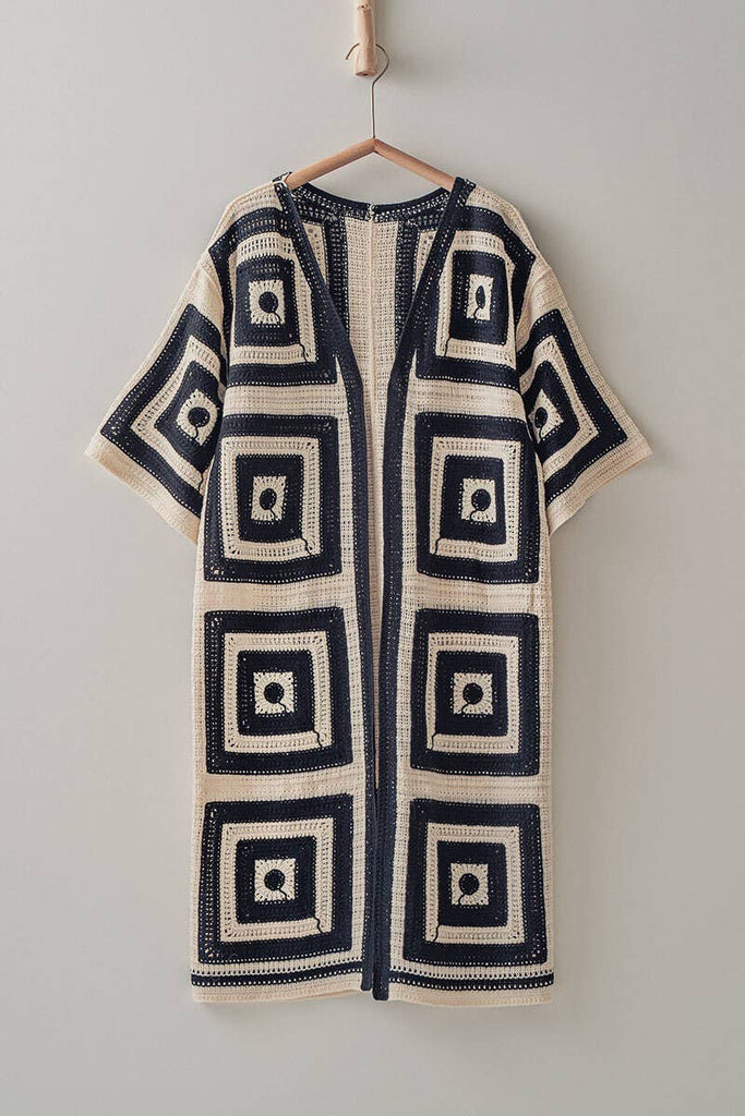 Geometric Crochet Midi Length Open Front Cardigan