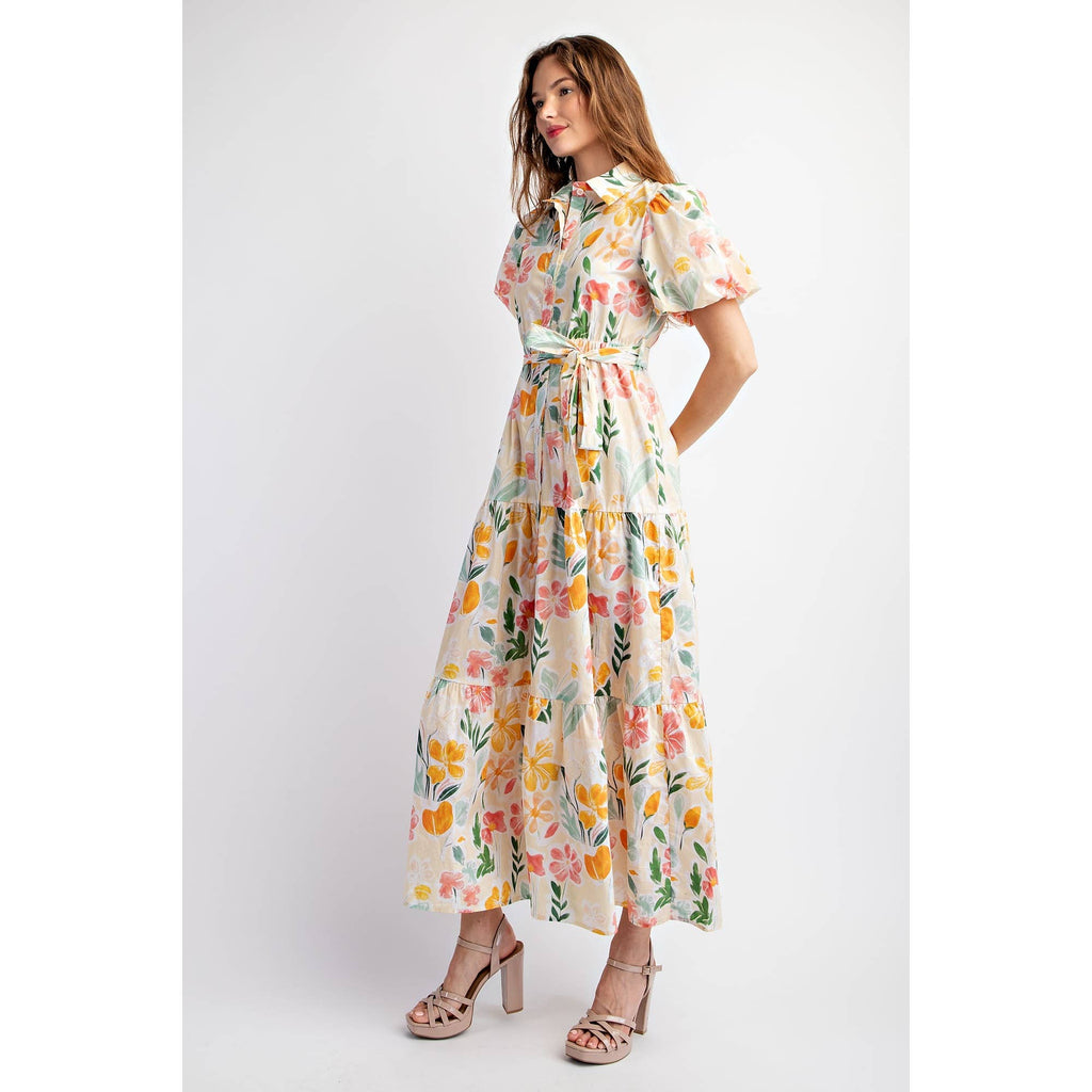 COTTON FLORAL PRINT SHIRT TIERED MAXI DRESS WITH PUFF SLEEVE