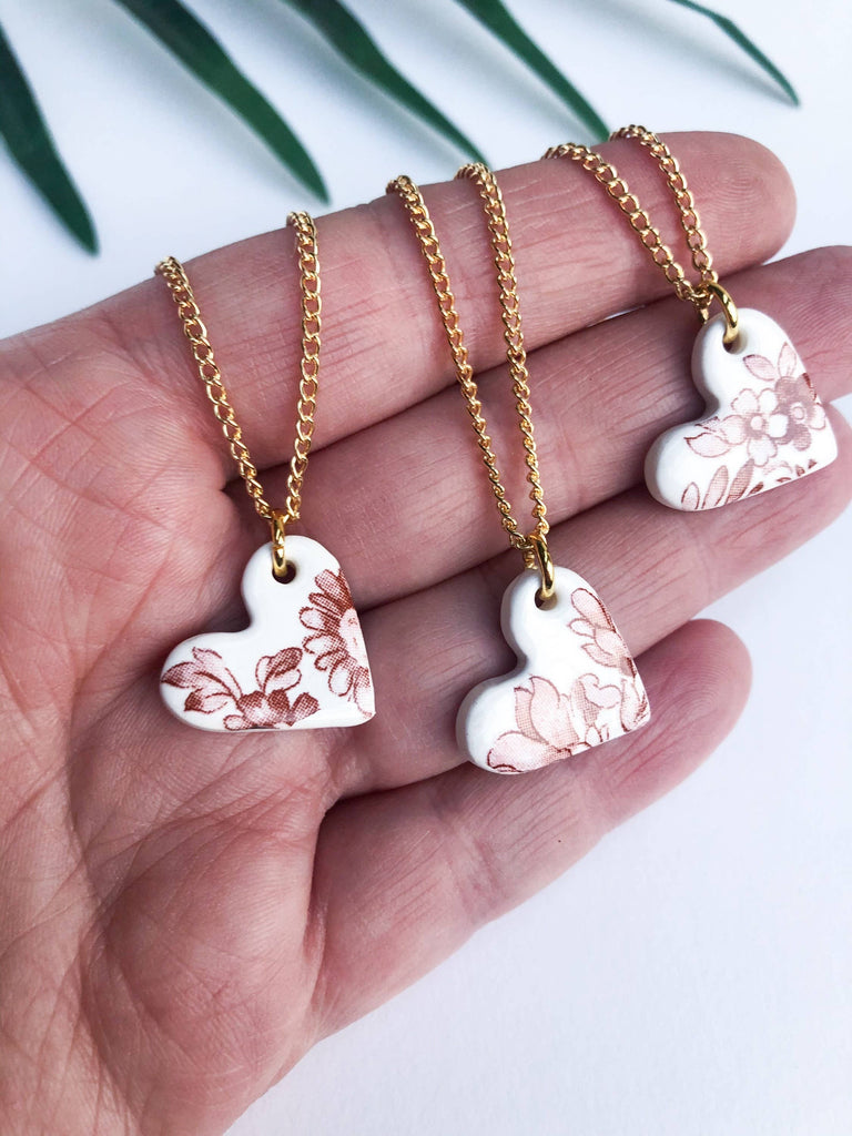 Vintage China - Brown Patterned Heart Necklace
