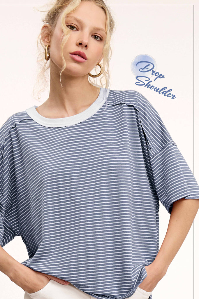 Red Striped Drop Shoulder Short Sleeves Top