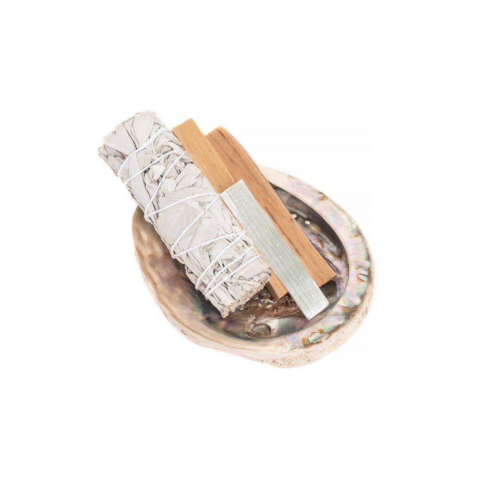 Selenite, Sage, Palo Santo Cleansing Kit with Abalone Shell