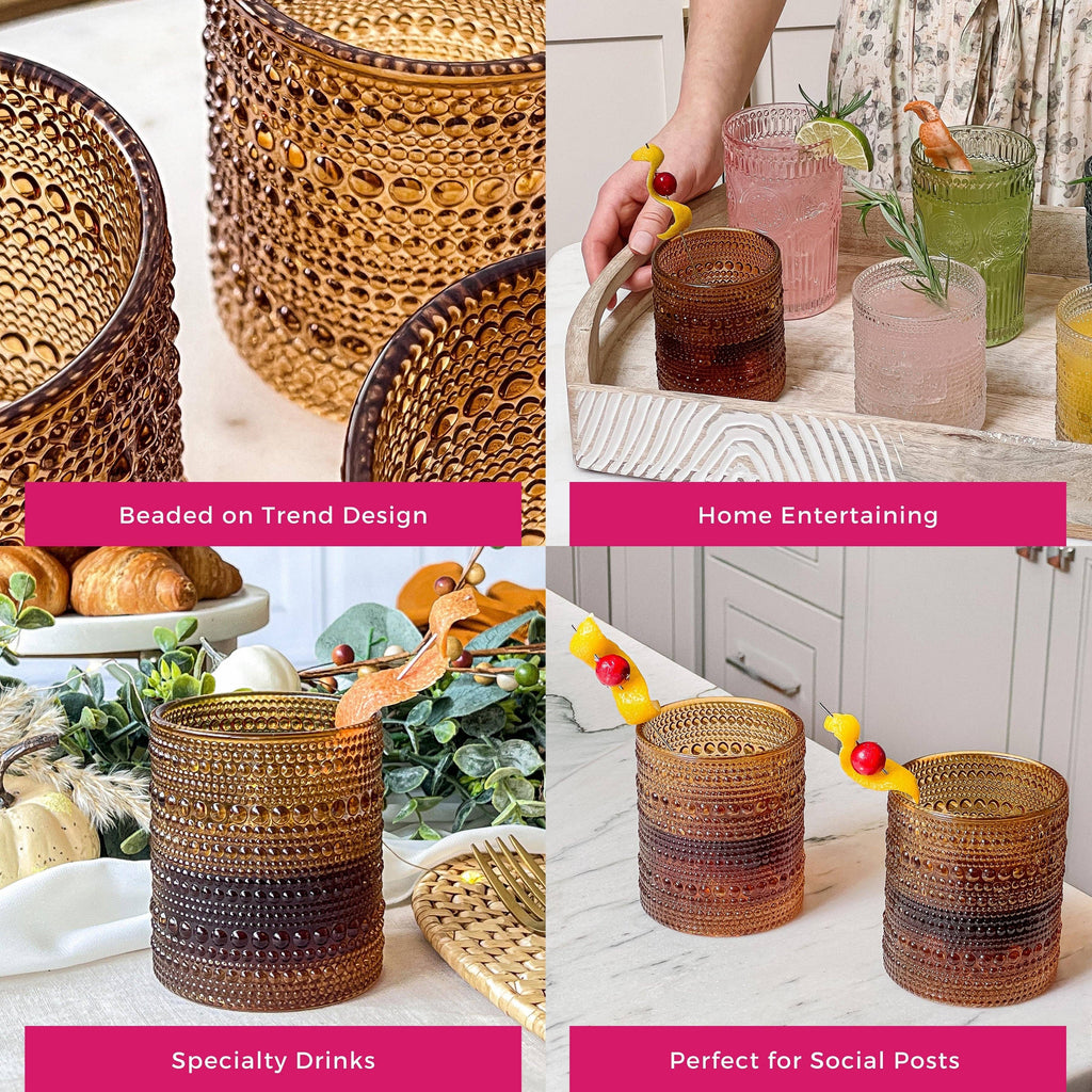 10 oz. Textured Hobnail Beaded Amber Drinking Glasses - 6pcs