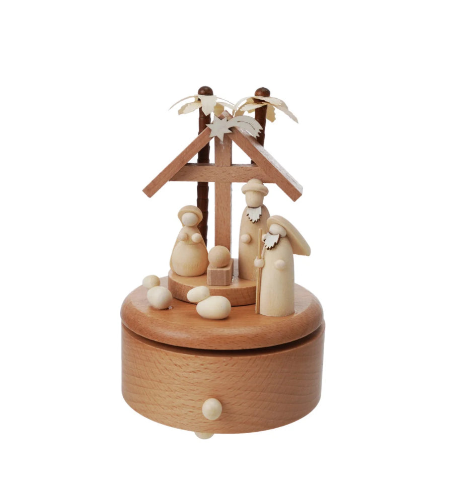 Wood Wind-Up Nativity Music Box, Plays "Oh Holy Night"