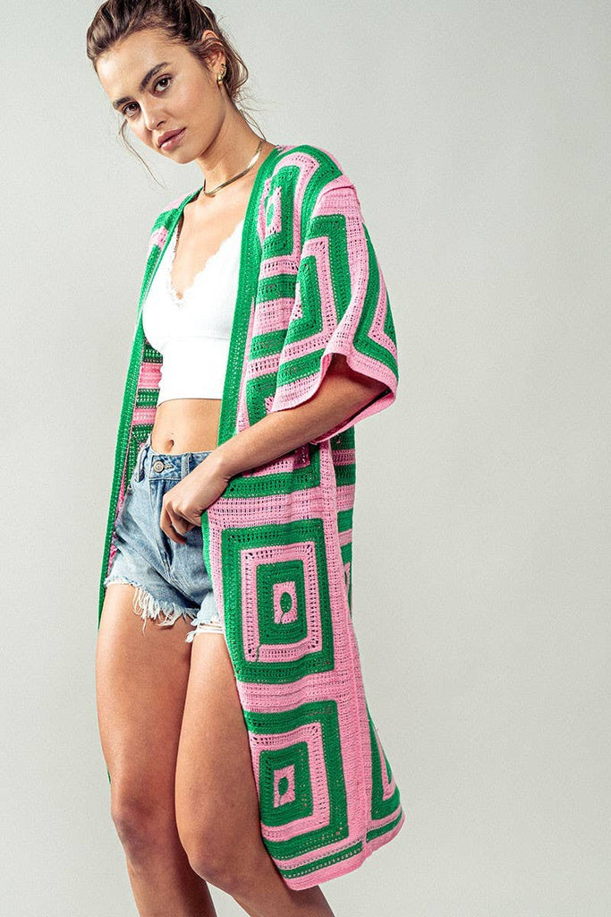 Geometric Crochet Midi Length Open Front Cardigan