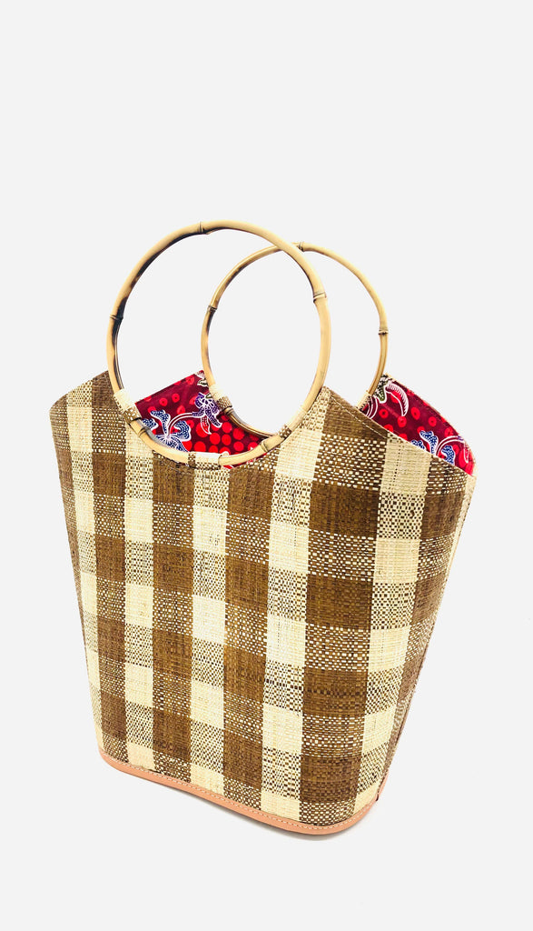 Carmen Gingham Straw Bucket Bag with Bamboo Handles