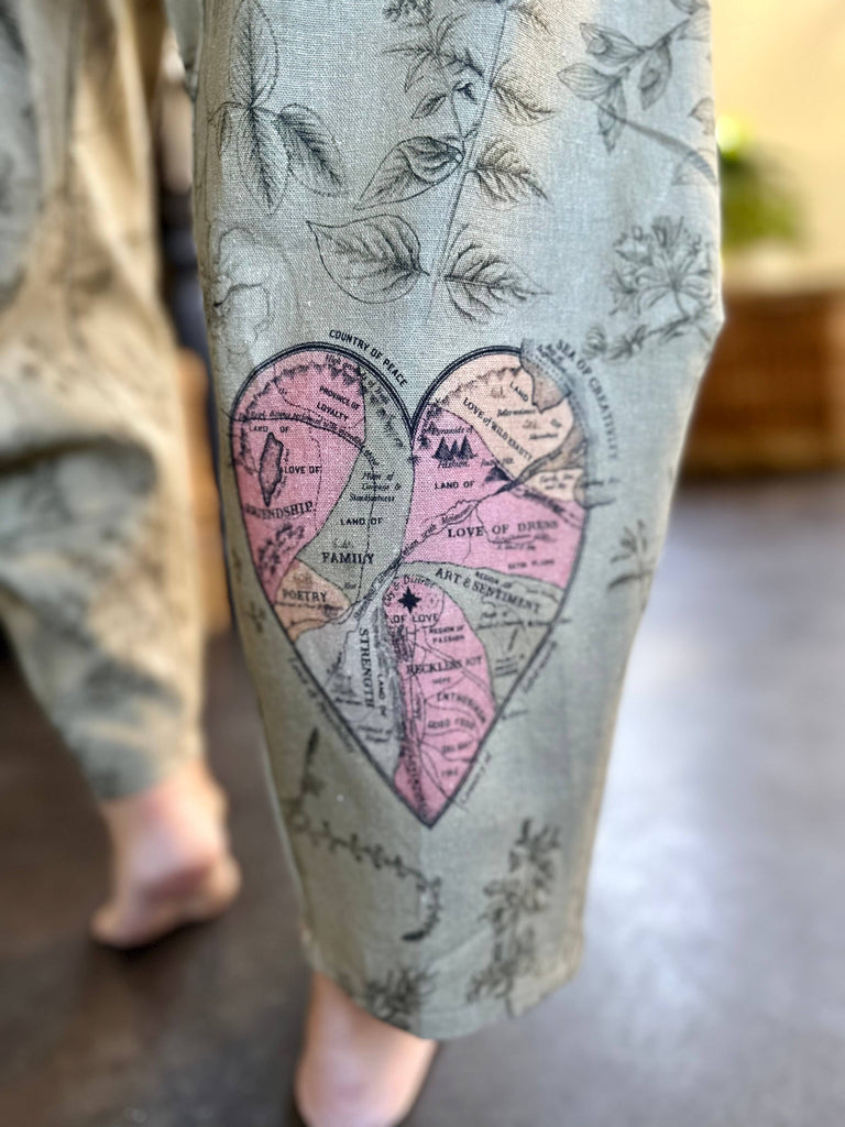 Map of My Heart Printed Boho Artist Pants in Sage