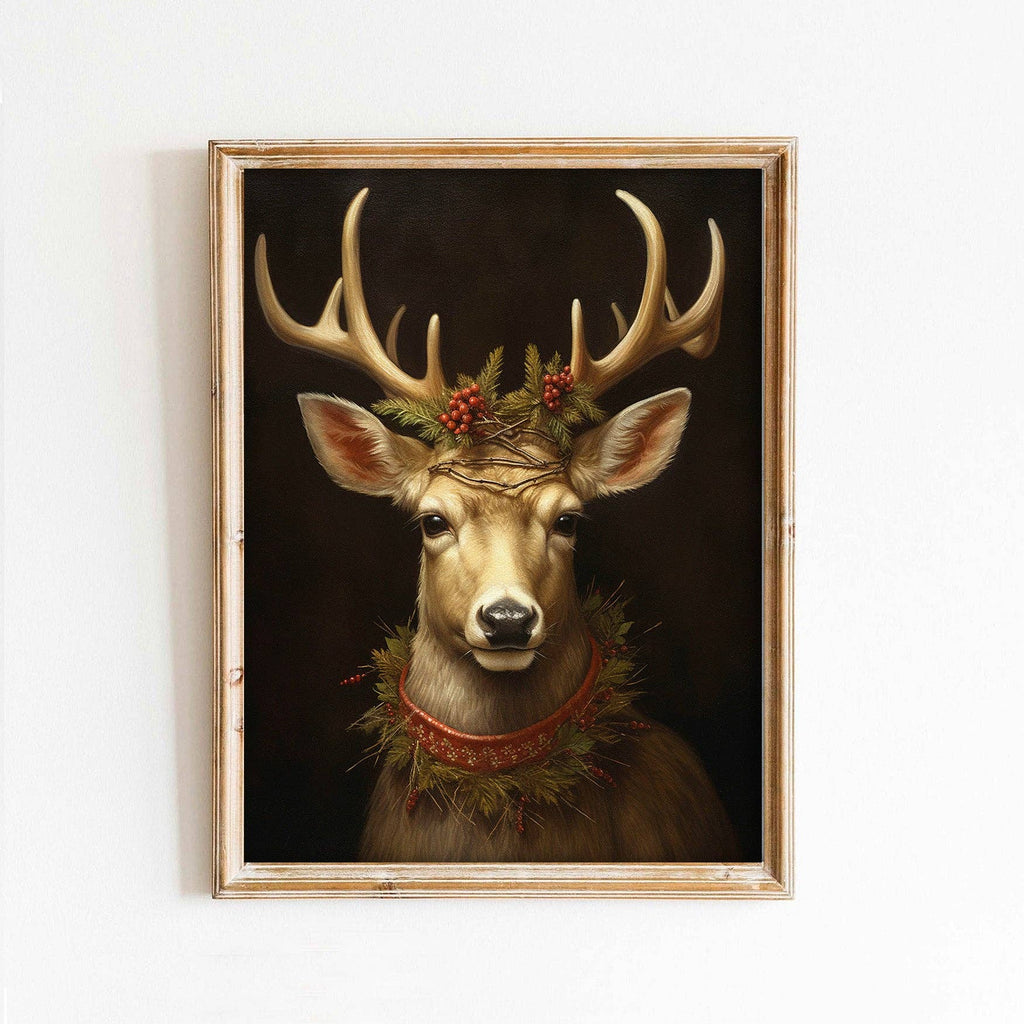 Victorian Christmas Reindeer Portrait on Black Holiday Art Print