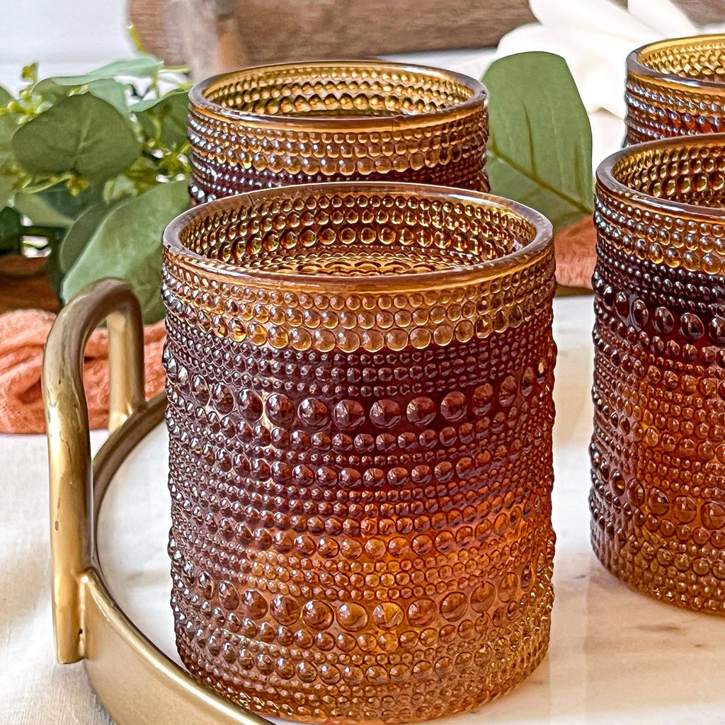 10 oz. Textured Hobnail Beaded Amber Drinking Glasses - 6pcs