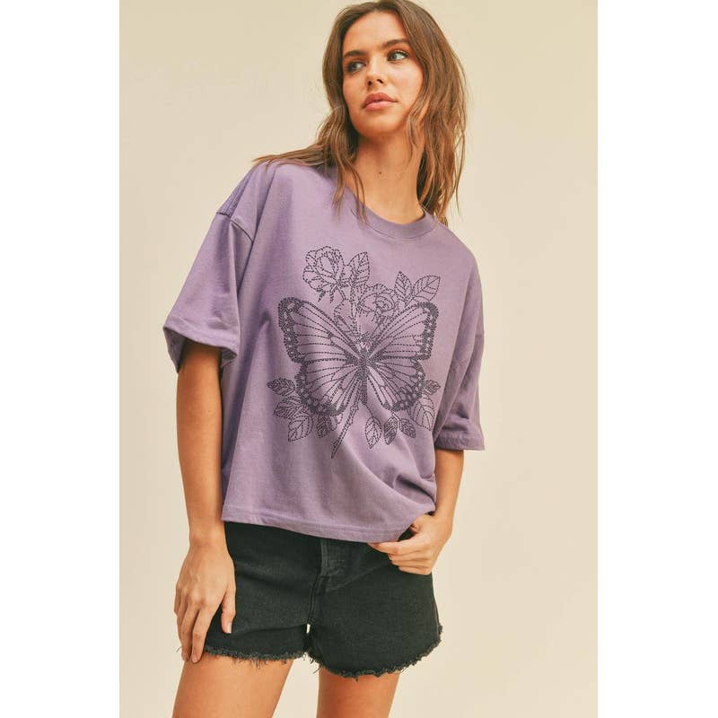 BUTTERFLY & FLOWER EMBROIDERY EFFECT GRAPHIC TEE: WHITE