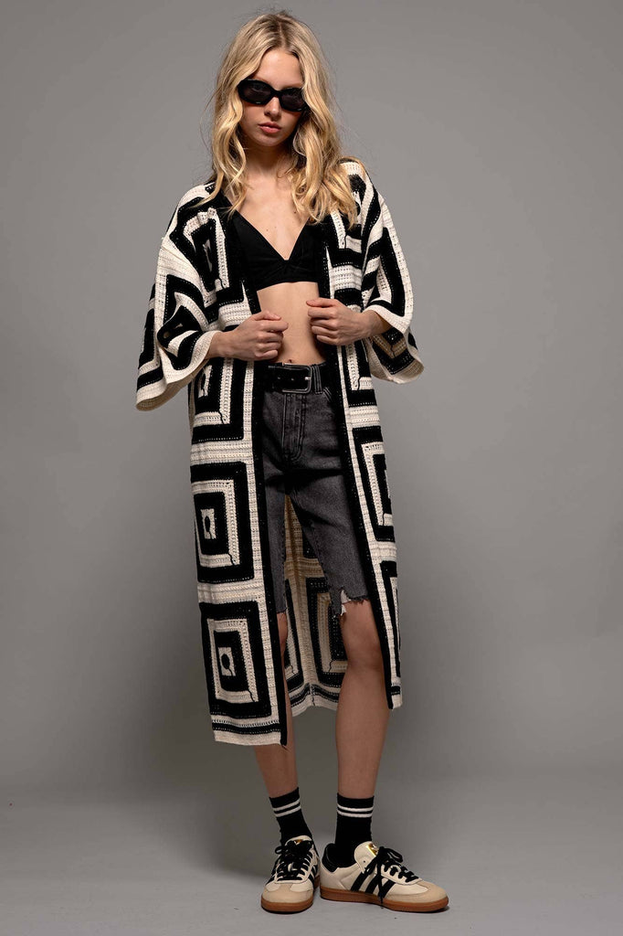 Geometric Crochet Midi Length Open Front Cardigan