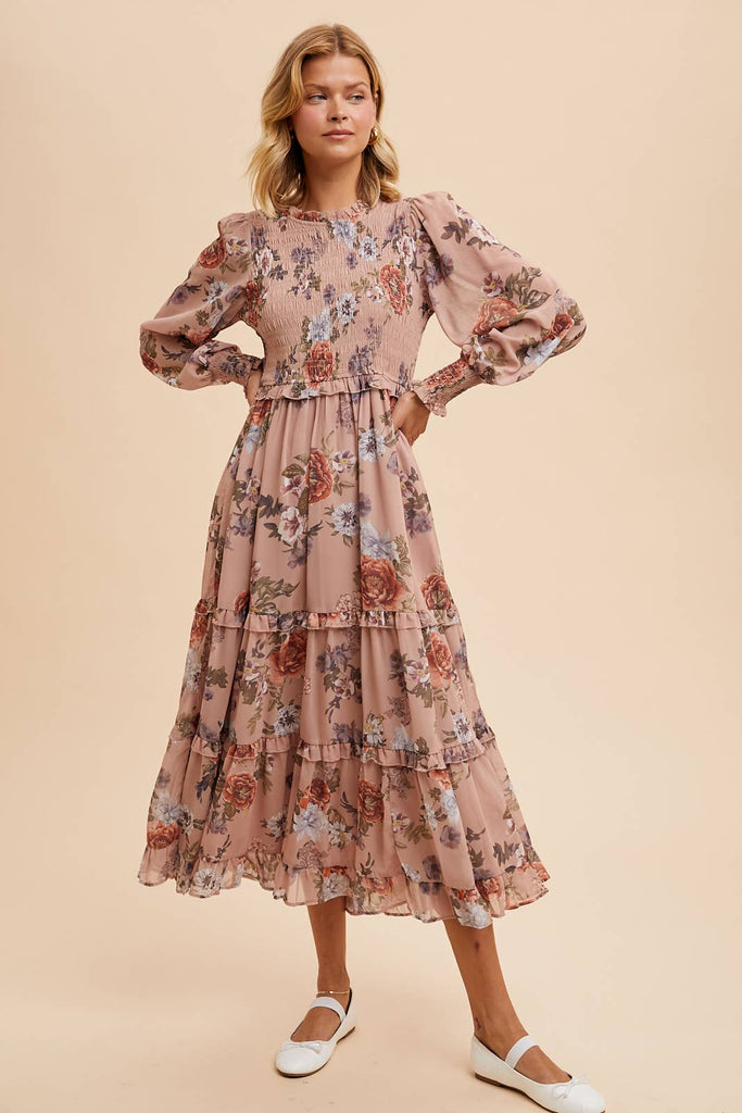 SMOCKED LONG SLEEVE FLORAL DRESS