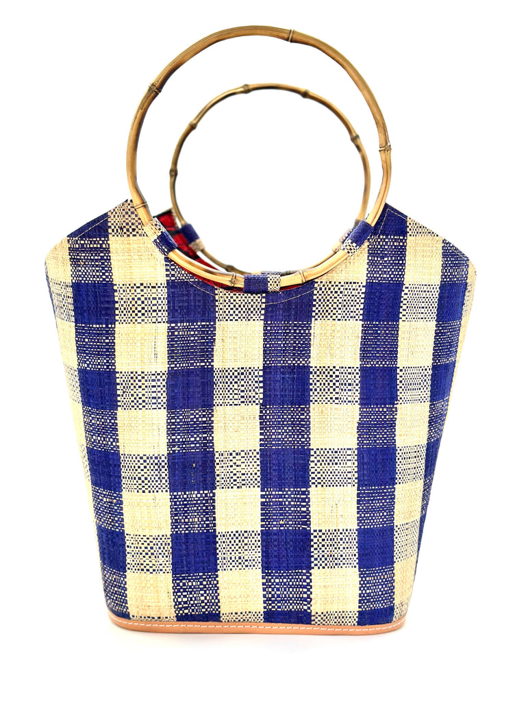 Carmen Gingham Straw Bucket Bag with Bamboo Handles