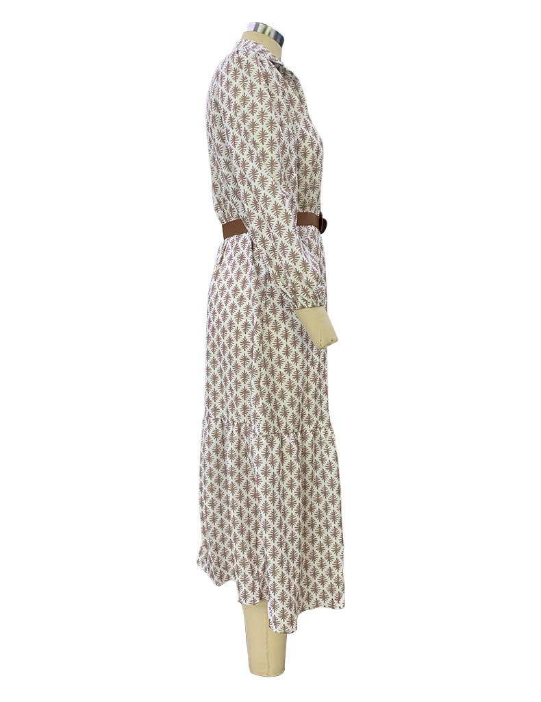 Belted V-Neck Print Single-Breasted Maxi Dress: