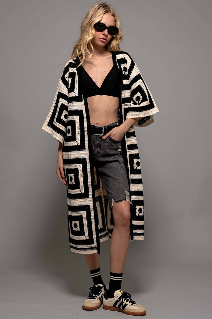 Geometric Crochet Midi Length Open Front Cardigan