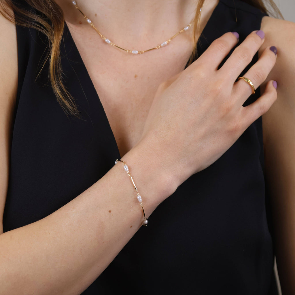 18k Gold Filled Pearl Bead & Straw Bracelet