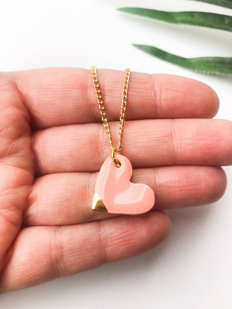 Peachy Pink Heart Necklace On Gold Plated Chain