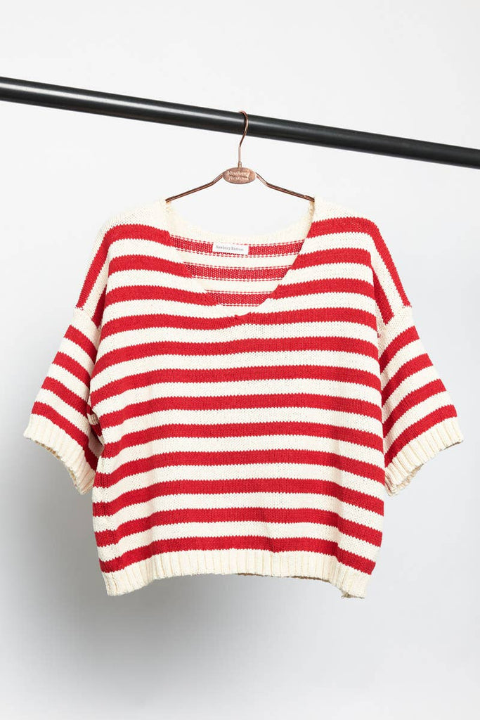 Striped Short Sleeve V-Neck Knit Top Red