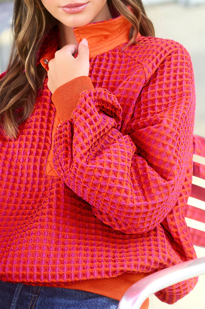 Unique Two Tone Textured Snap Button Front Top