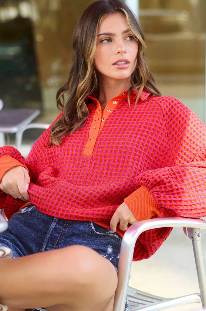 Unique Two Tone Textured Snap Button Front Top