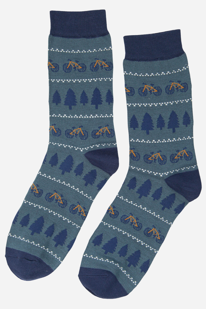 Teal Men's Bike and Tree Fair Isle Style Print Bamboo Socks