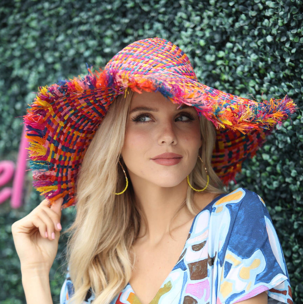 5" Brim Kat Multicolor Straw Sun Hats with Raw Fringe Edge