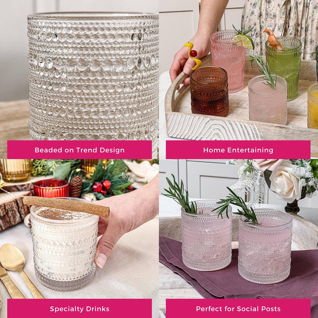 10 oz Textured Beaded Clear Old Fashion Drinking Glasses